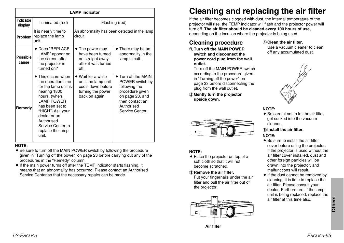 Cleaning and replacing the air filter, Cleaning procedure | Panasonic PT-AE200U User Manual | Page 27 / 34
