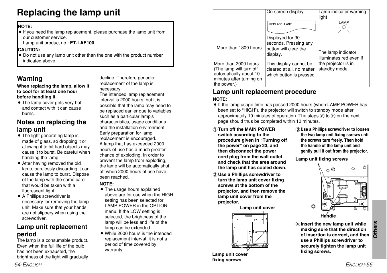 Replacing the lamp unit | Panasonic PT-AE200U User Manual | Page 28 / 34