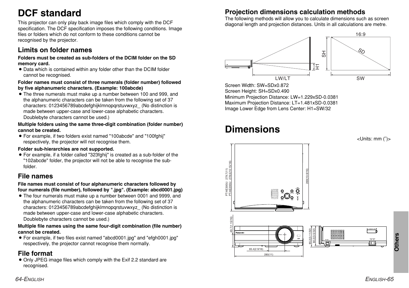 Dcf standard, Dimensions, Limits on folder names | File names, File format, Projection dimensions calculation methods | Panasonic PT-AE200U User Manual | Page 33 / 34