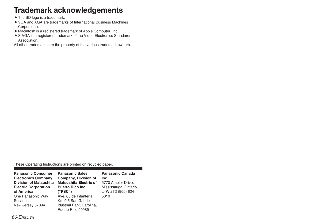 Trademark acknowledgements | Panasonic PT-AE200U User Manual | Page 34 / 34