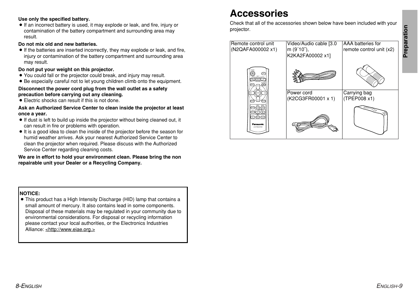 Accessories, 9 preparation 8-e | Panasonic PT-AE200U User Manual | Page 5 / 34