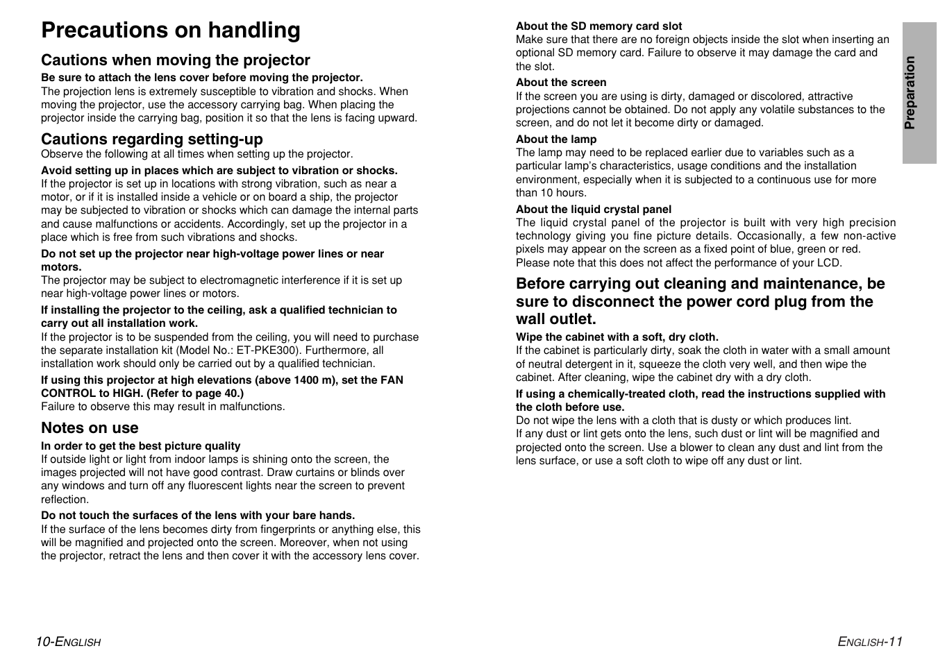 Precautions on handling | Panasonic PT-AE200U User Manual | Page 6 / 34