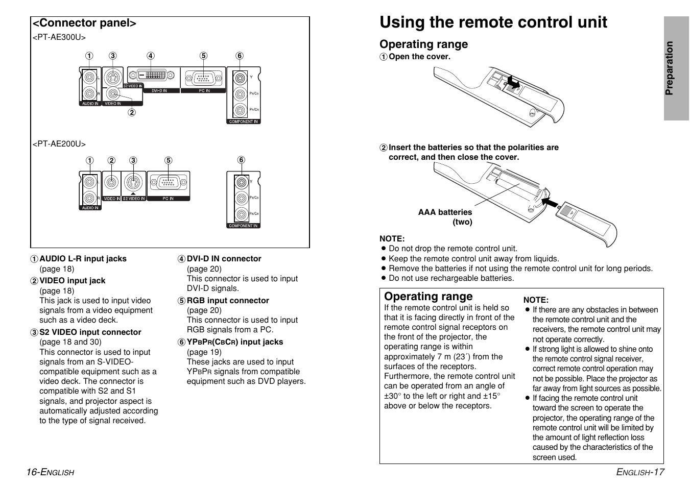 Using the remote control unit, Connector panel, Operating range | Panasonic PT-AE200U User Manual | Page 9 / 34