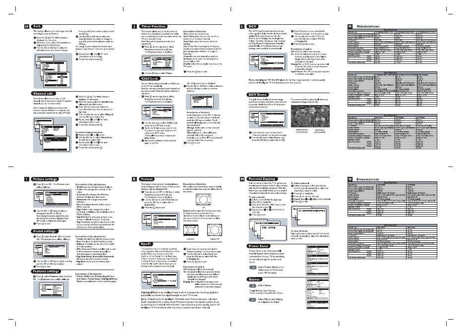 J [ timer function, Channel edit, To restore skipped channels | Gseis9, Description of function, Description of option, Picture settings, Sound settings, Features settings, Description of the adjustments | Philips 3115 116 15961 User Manual | Page 2 / 2