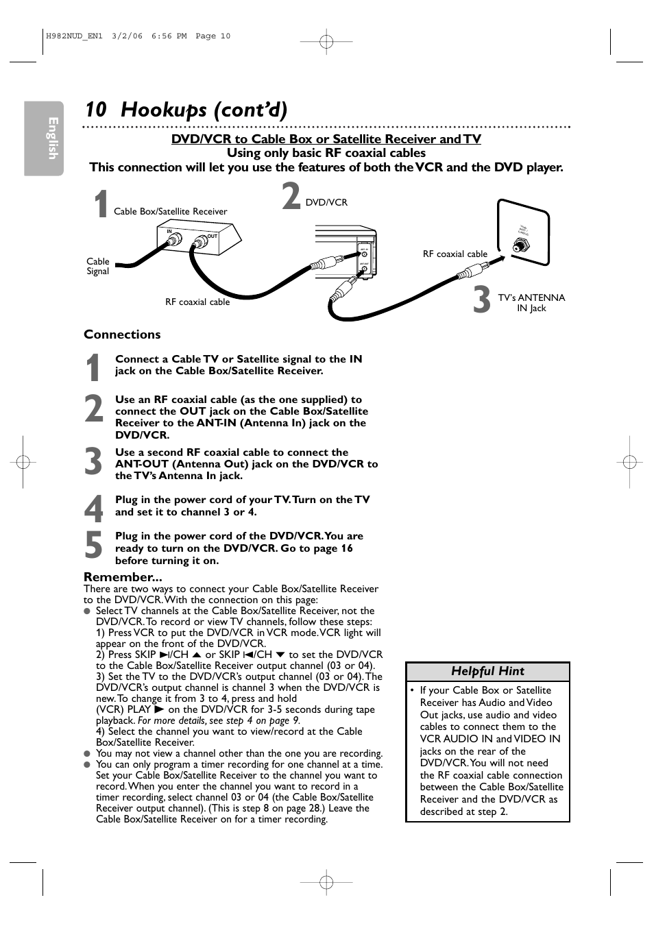 10 hookups (cont’d), English, Connections | Remember, Helpful hint | Philips H982NUD User Manual | Page 10 / 66