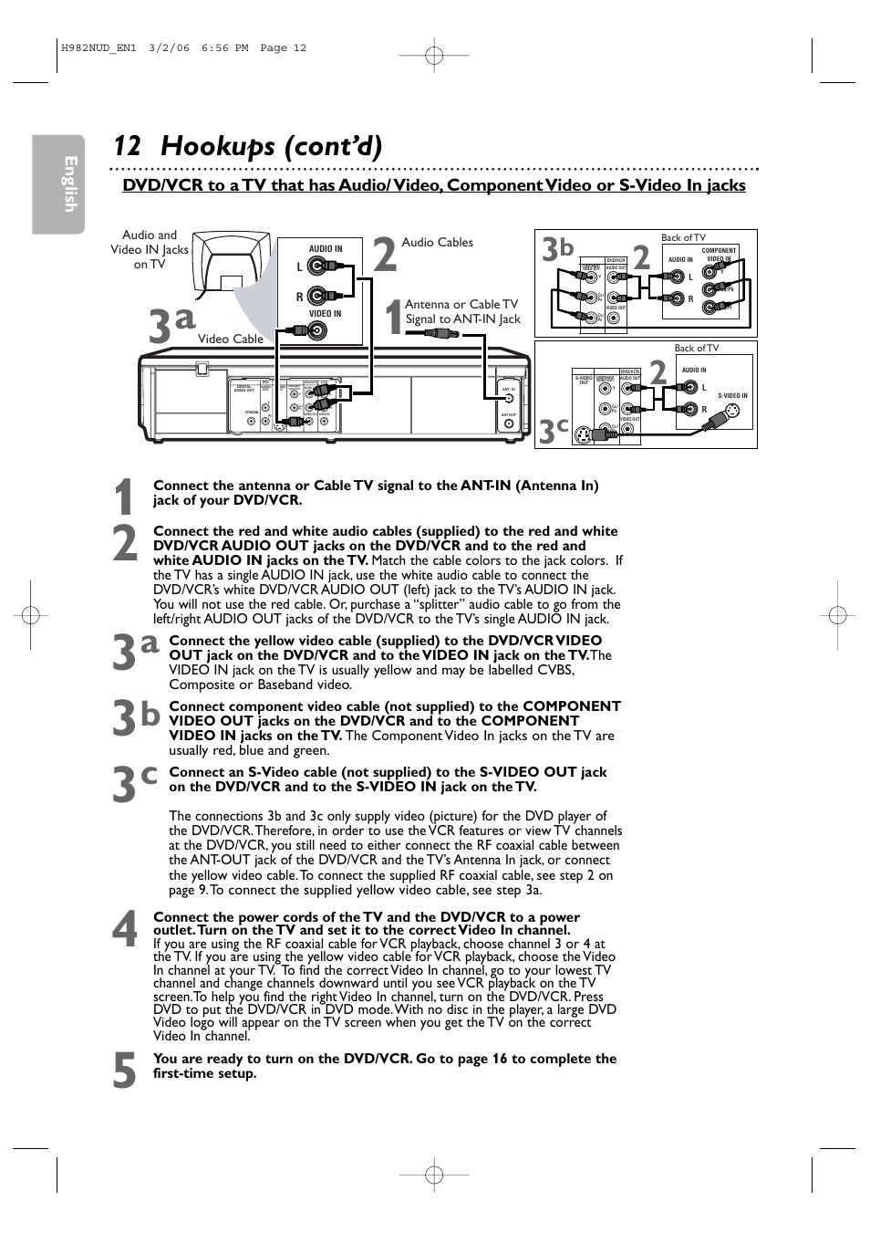12 hookups (cont’d), English | Philips H982NUD User Manual | Page 12 / 66