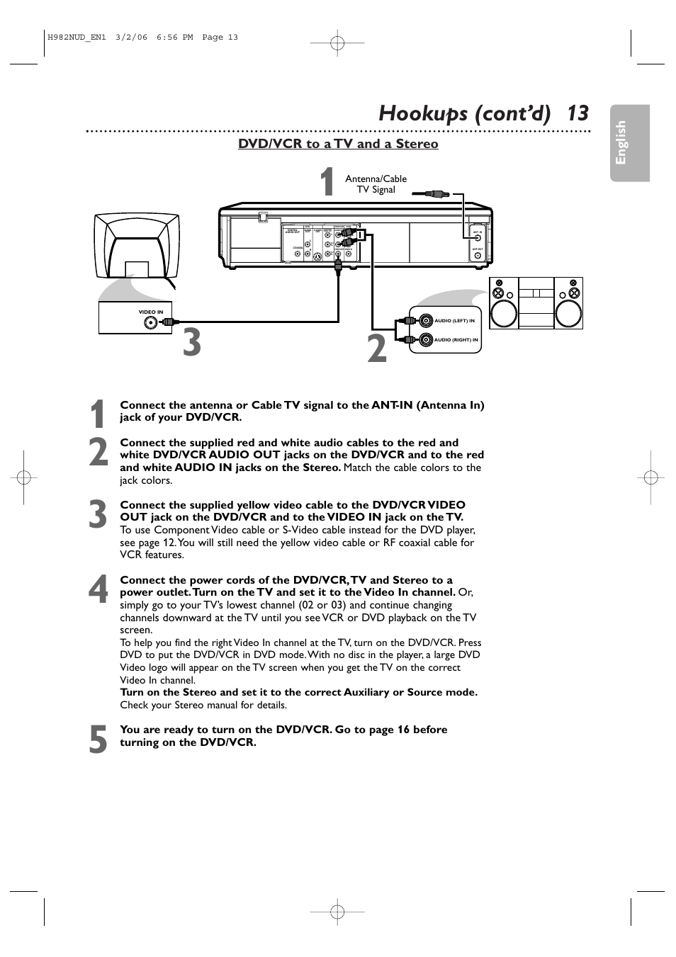 Hookups (cont’d) 13, Dvd/vcr to a tv and a stereo, English | Philips H982NUD User Manual | Page 13 / 66