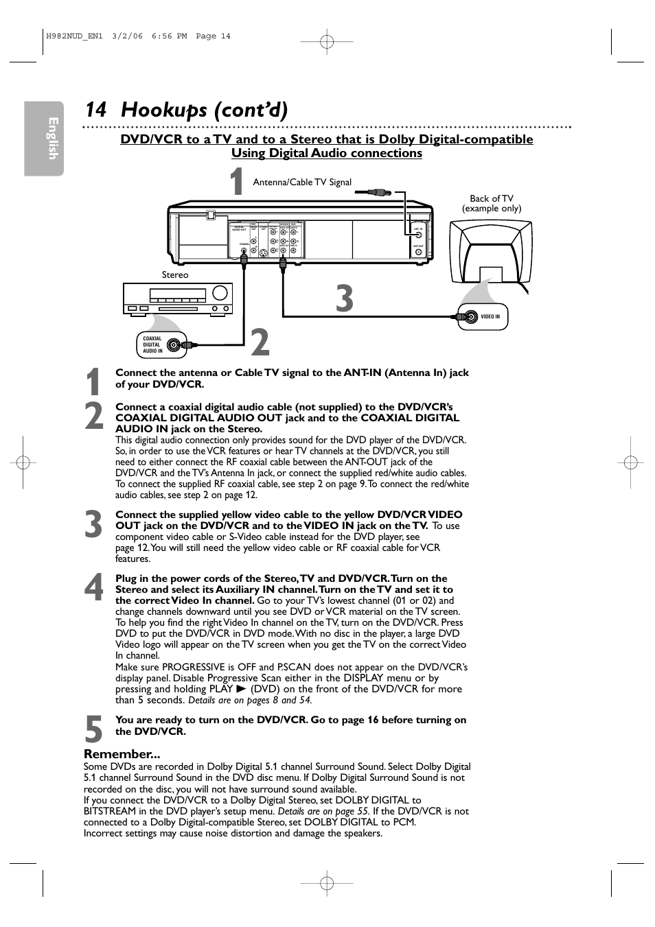 14 hookups (cont’d), English, Remember | Philips H982NUD User Manual | Page 14 / 66