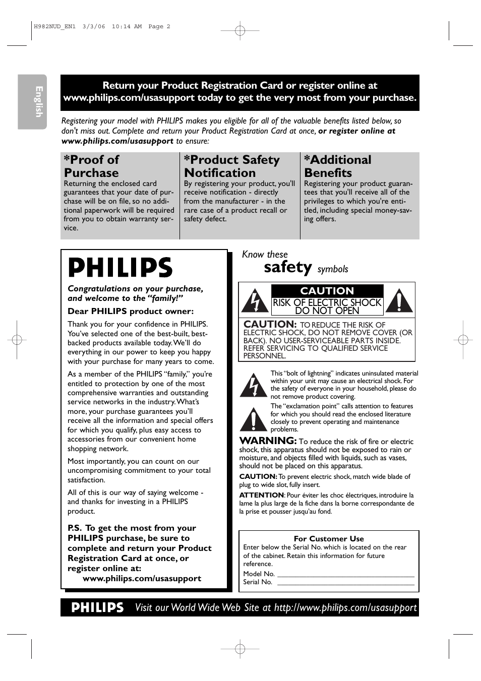 Safety, Proof of purchase, Product safety notification | Additional benefits | Philips H982NUD User Manual | Page 2 / 66