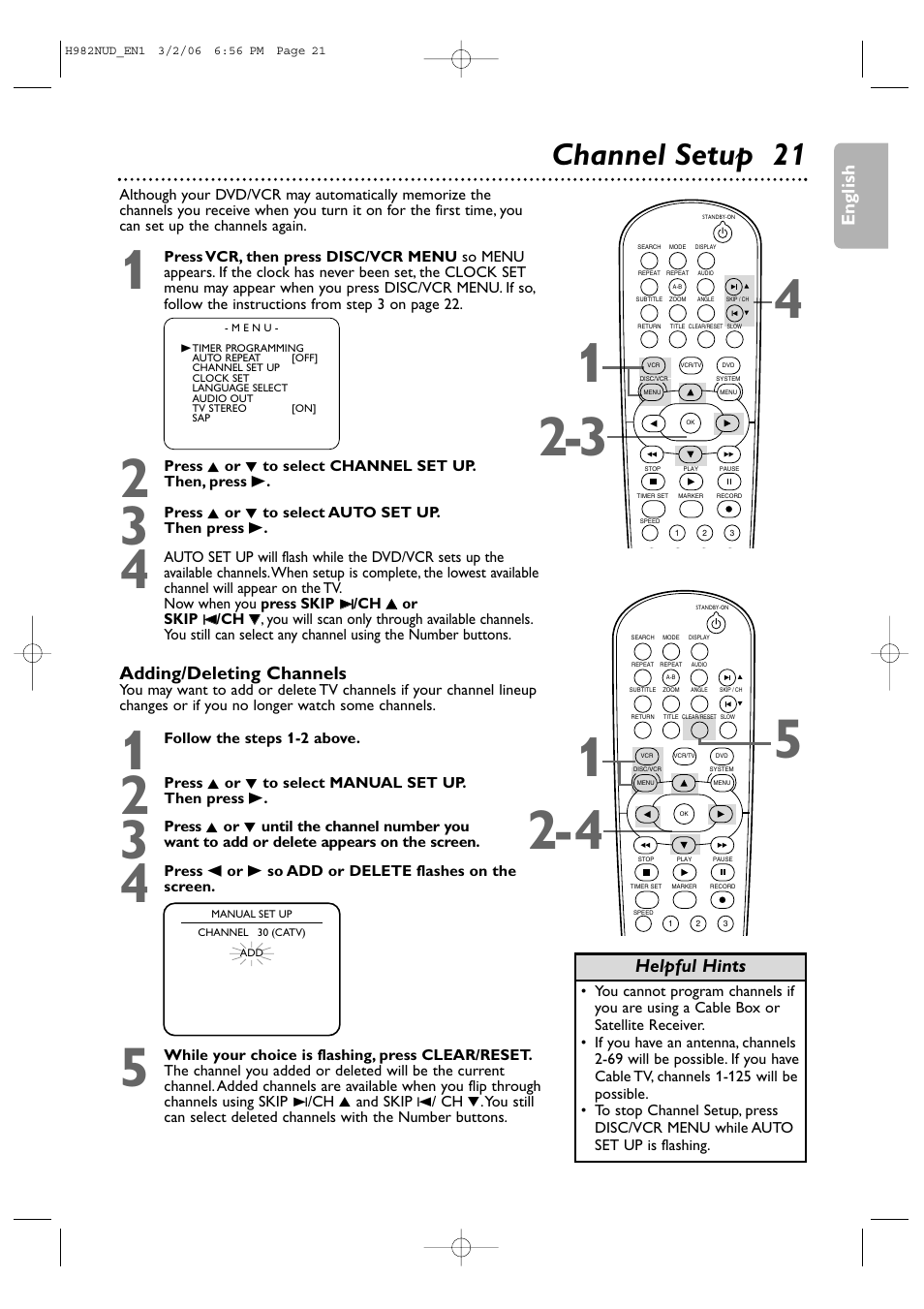Channel setup 21, Adding/deleting channels, Helpful hints | English | Philips H982NUD User Manual | Page 21 / 66