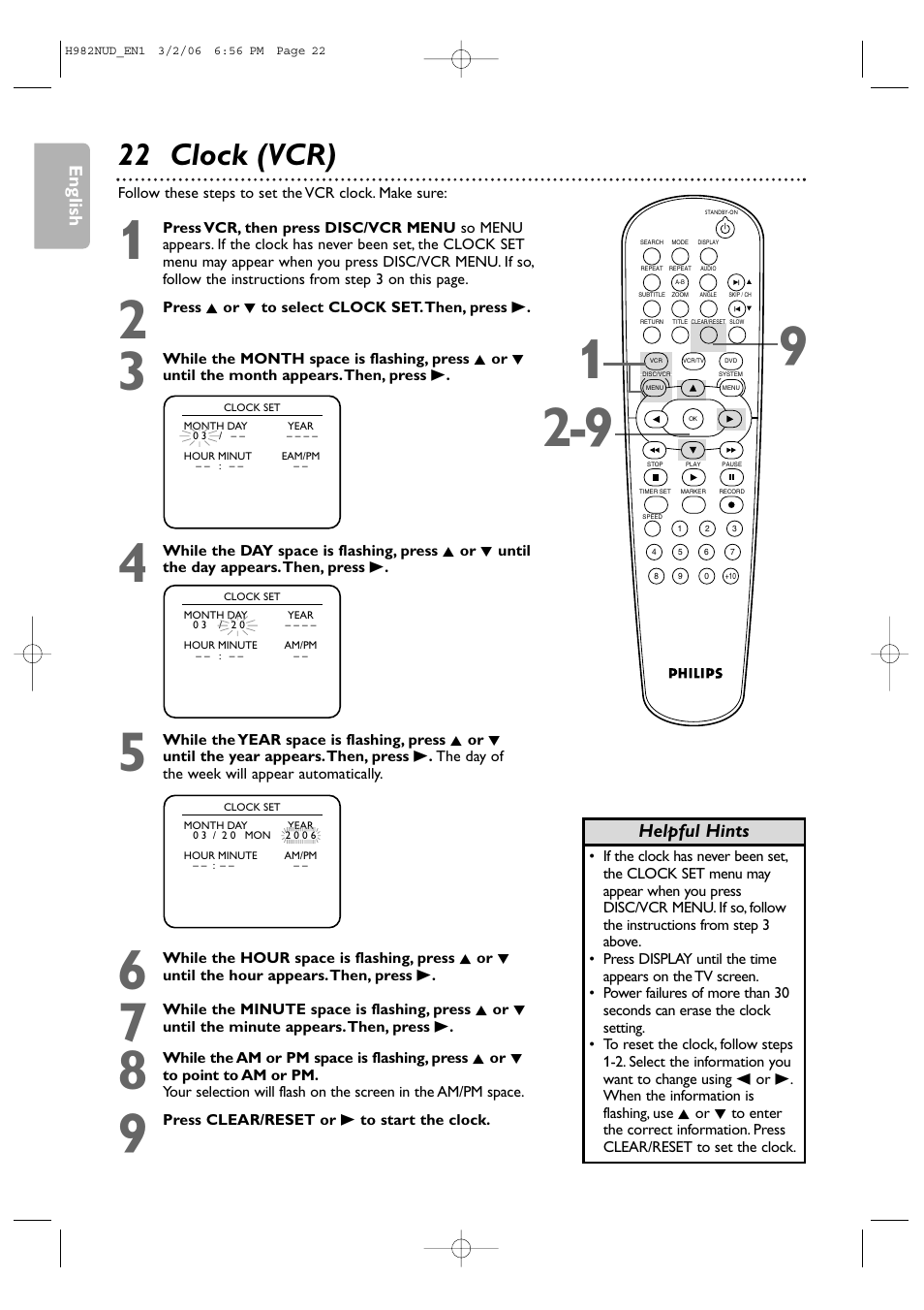 22 clock (vcr) | Philips H982NUD User Manual | Page 22 / 66