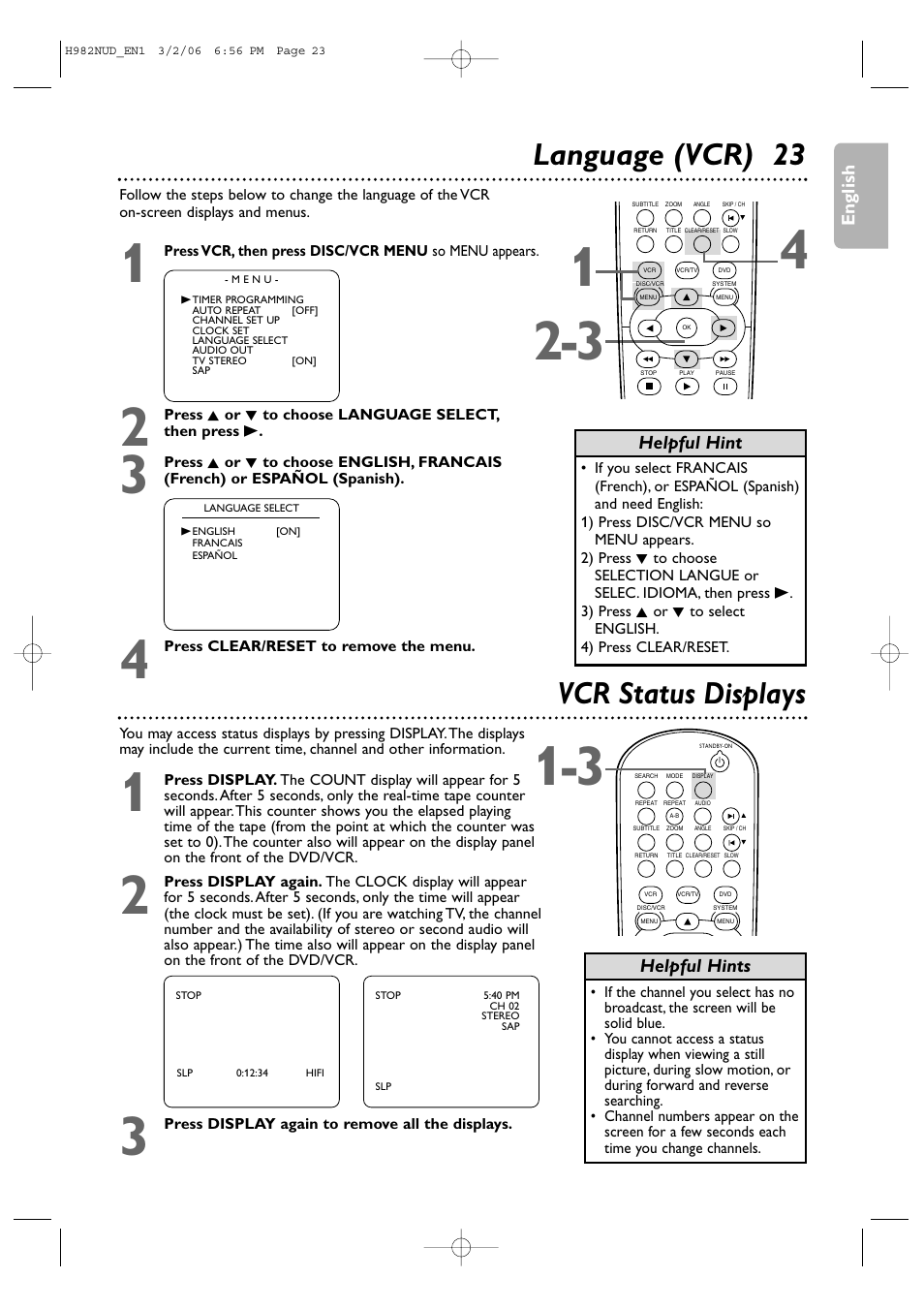 Language (vcr) 23, 23 vcr status displays | Philips H982NUD User Manual | Page 23 / 66