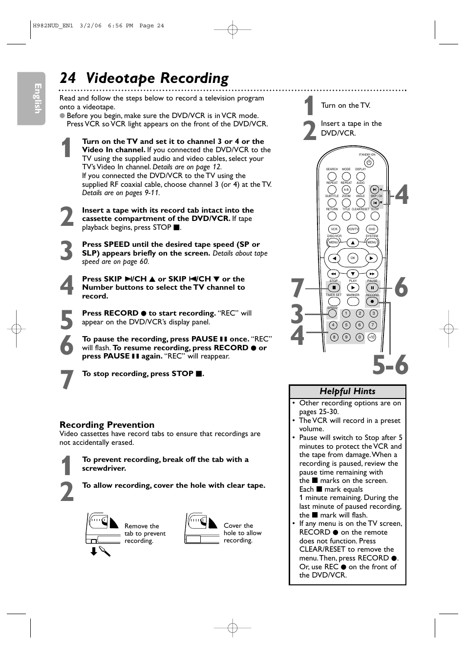 24 videotape recording | Philips H982NUD User Manual | Page 24 / 66