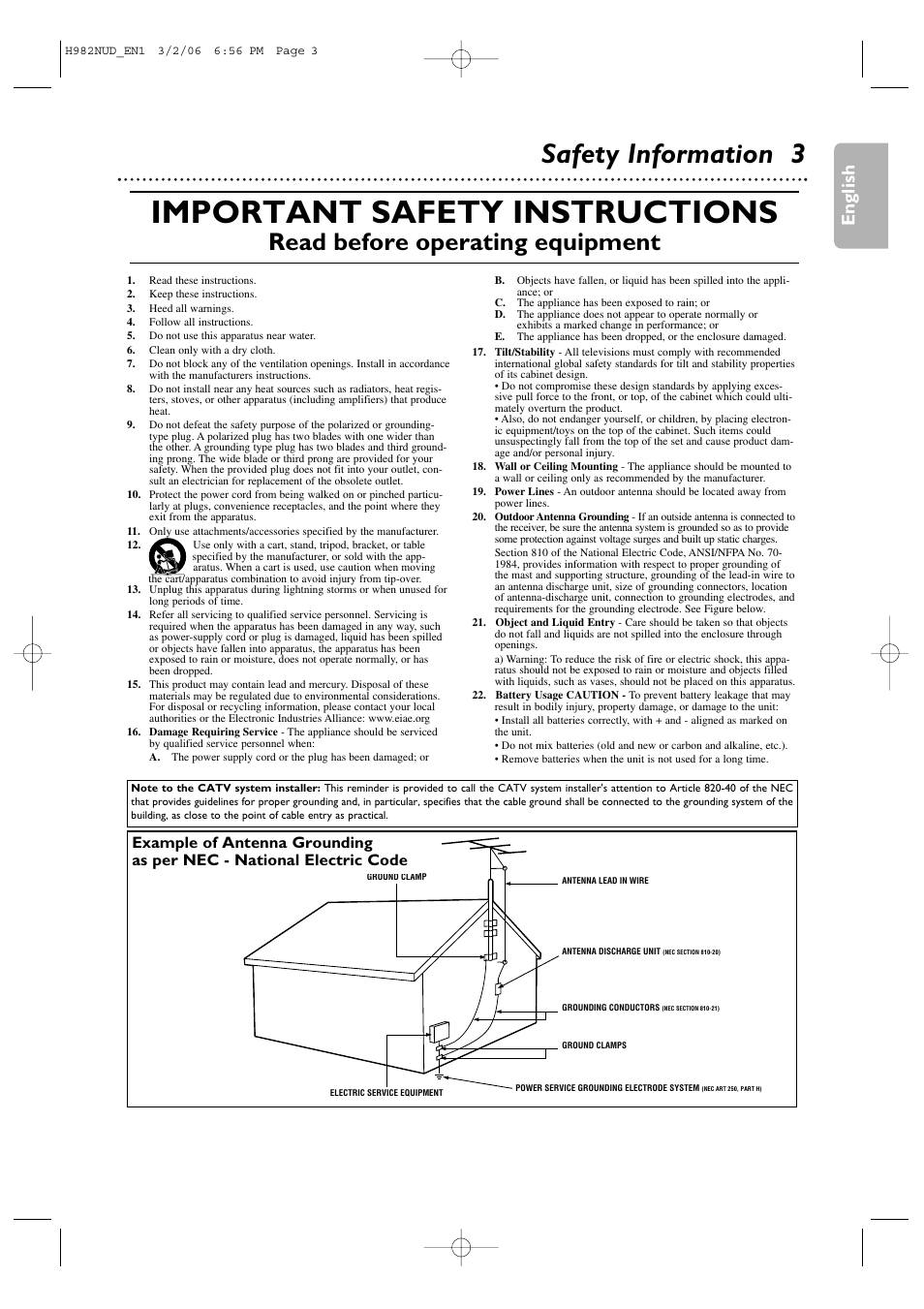 Important safety instructions, Safety information 3, Read before operating equipment | English | Philips H982NUD User Manual | Page 3 / 66