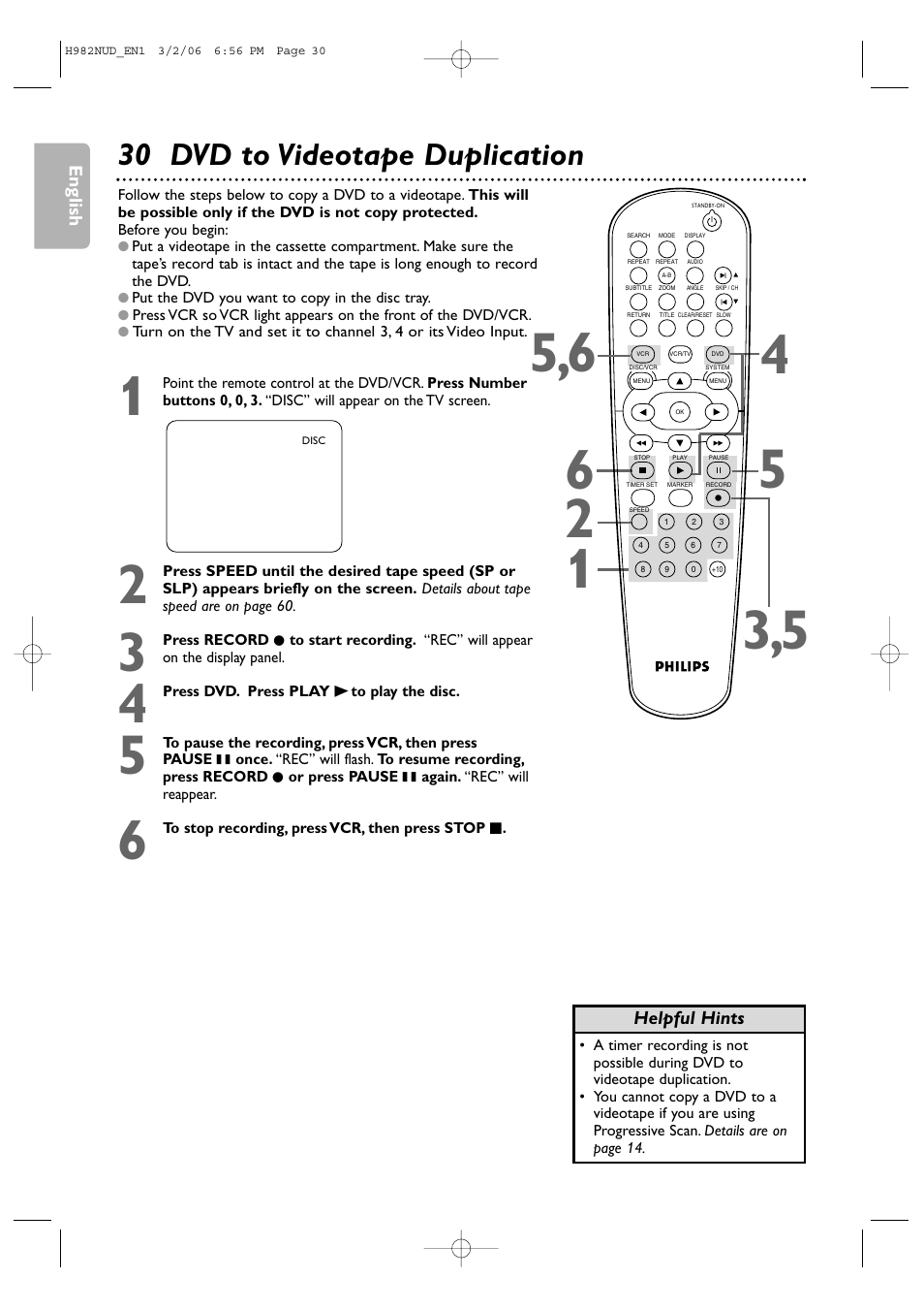 30 dvd to videotape duplication | Philips H982NUD User Manual | Page 30 / 66