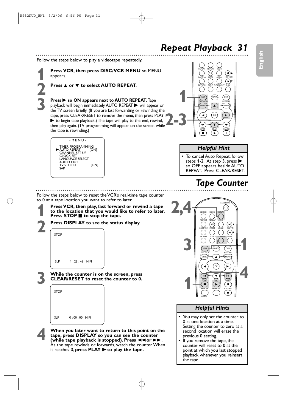 Repeat playback 31, Tape counter | Philips H982NUD User Manual | Page 31 / 66