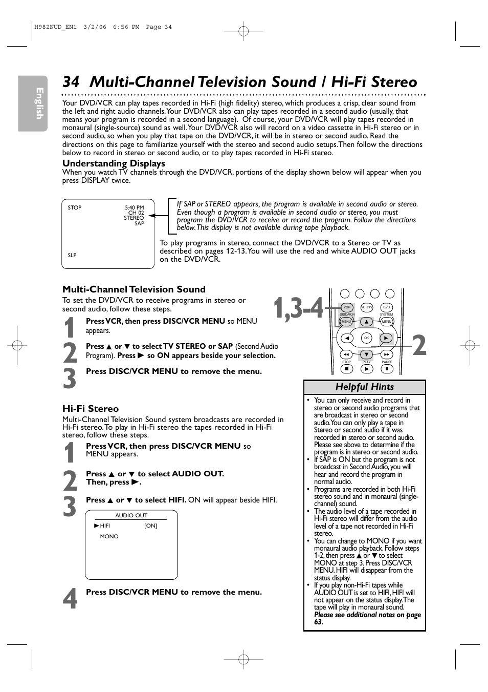 34 multi-channel television sound / hi-fi stereo | Philips H982NUD User Manual | Page 34 / 66
