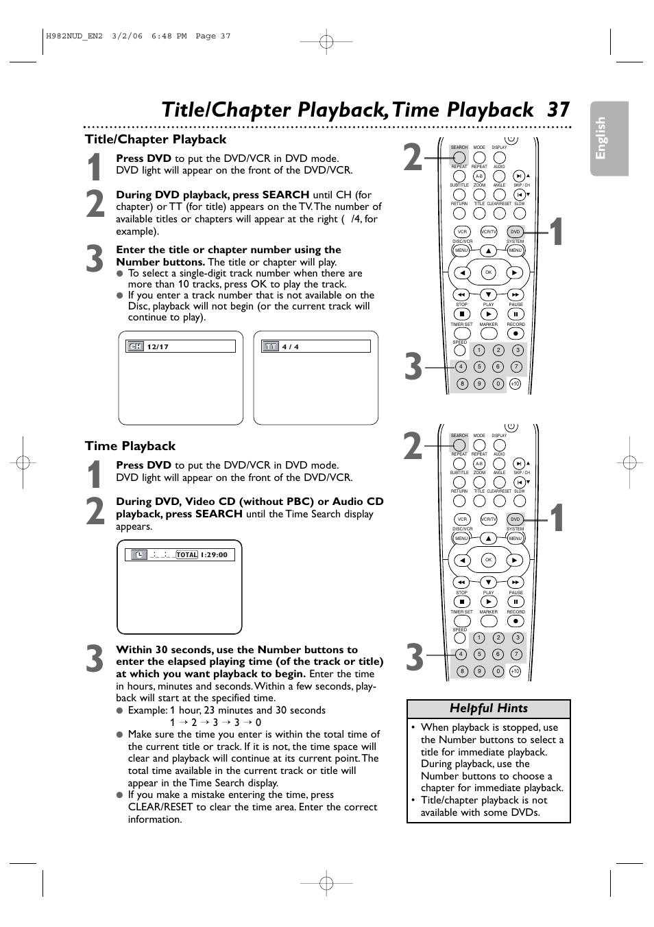 Title/chapter playback,time playback 37, English time playback, Title/chapter playback | Helpful hints | Philips H982NUD User Manual | Page 37 / 66