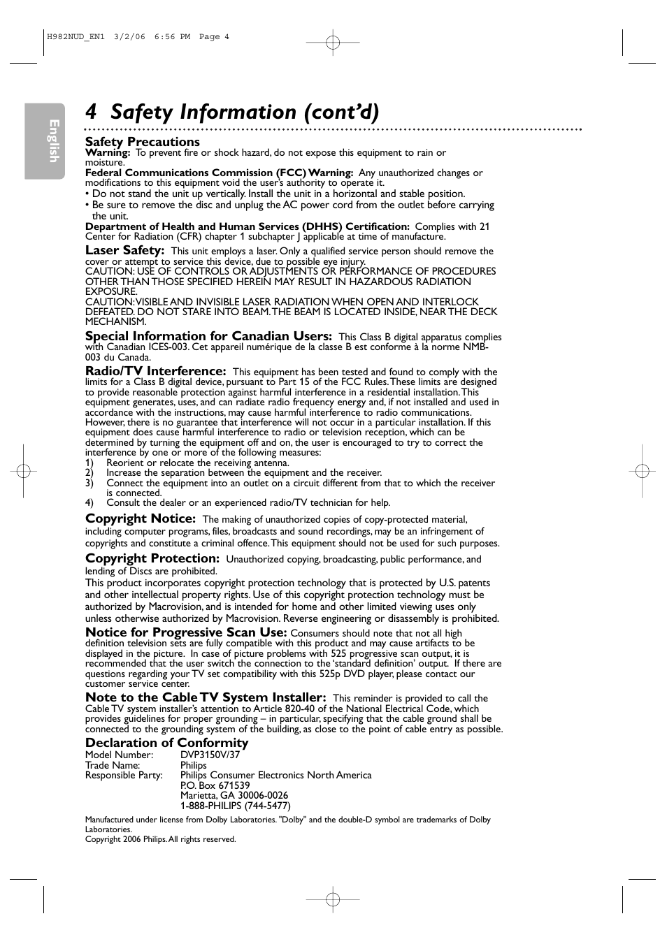 4 safety information (cont’d) | Philips H982NUD User Manual | Page 4 / 66