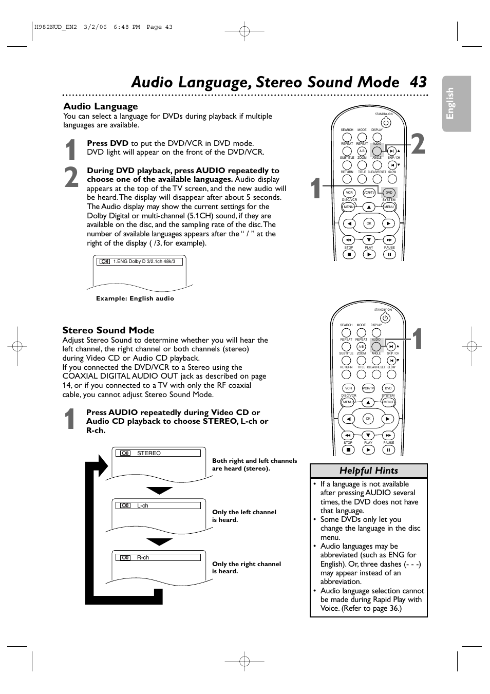 Audio language, stereo sound mode 43, English, Audio language | Helpful hints stereo sound mode | Philips H982NUD User Manual | Page 43 / 66