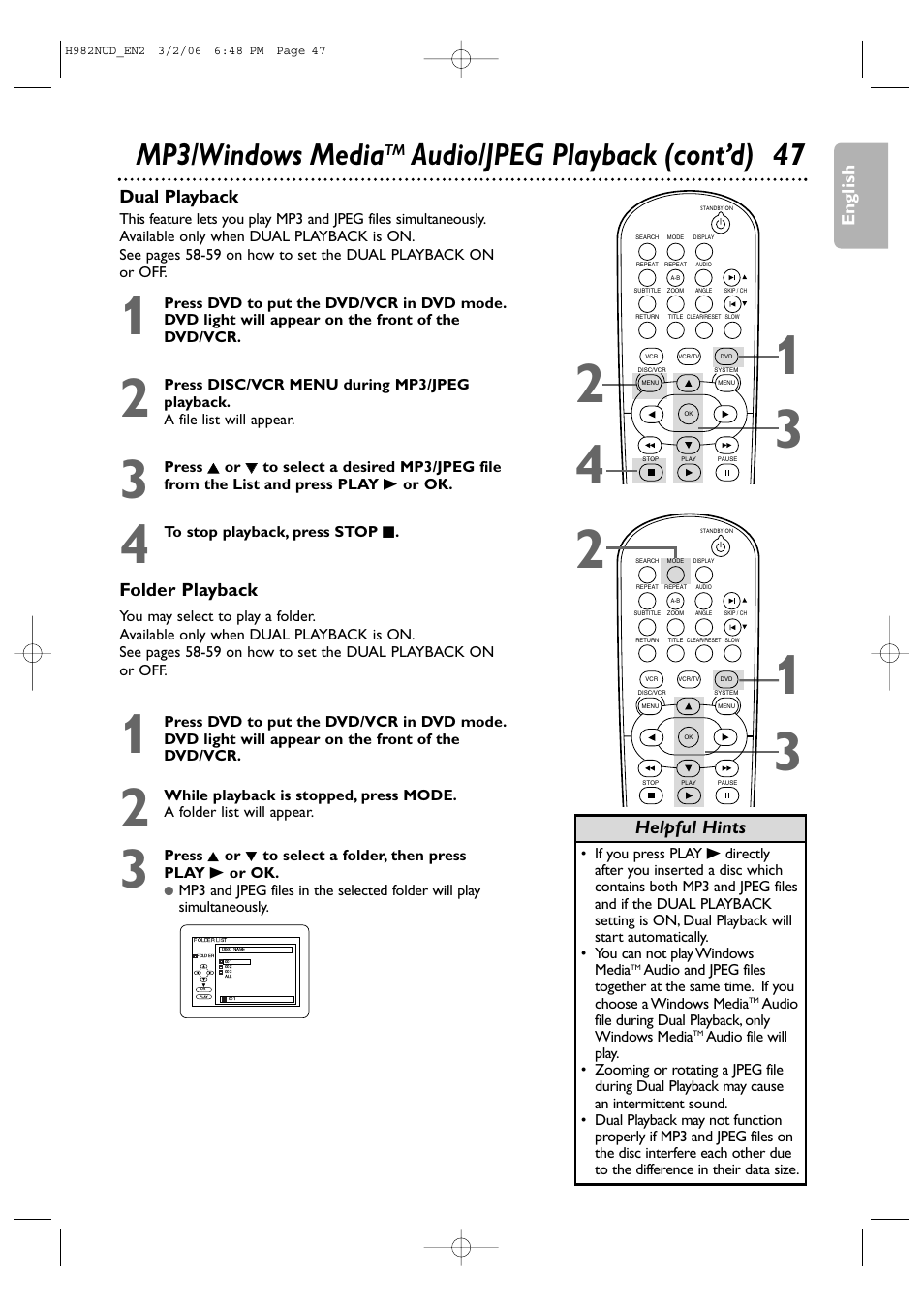 Mp3/windows media, Audio/jpeg playback (cont’d) 47 | Philips H982NUD User Manual | Page 47 / 66
