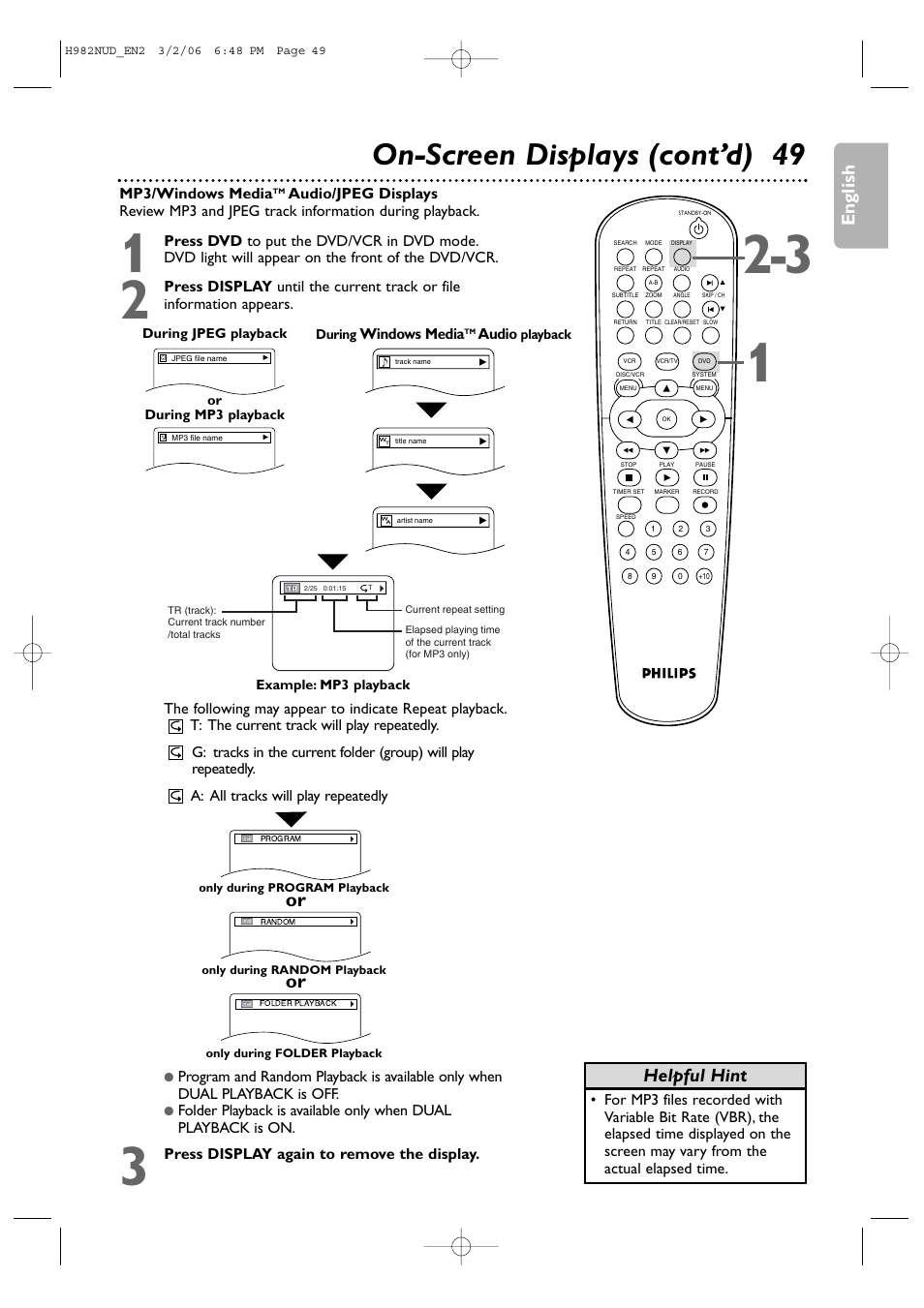 On-screen displays (cont’d) 49, English, Helpful hint | Philips H982NUD User Manual | Page 49 / 66