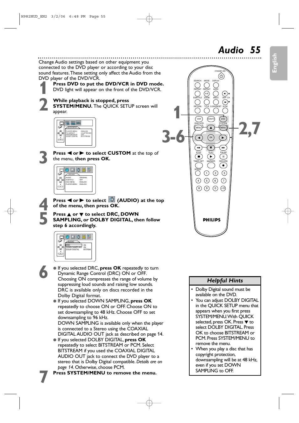 Audio 55, English, Helpful hints | Philips H982NUD User Manual | Page 55 / 66