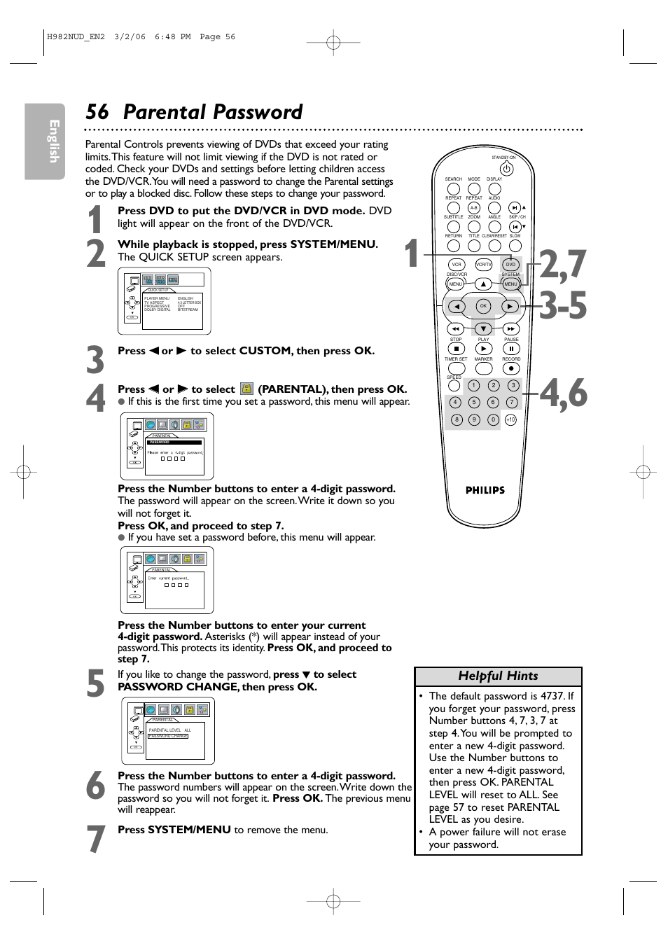 56 parental password, English, Helpful hints | Philips H982NUD User Manual | Page 56 / 66