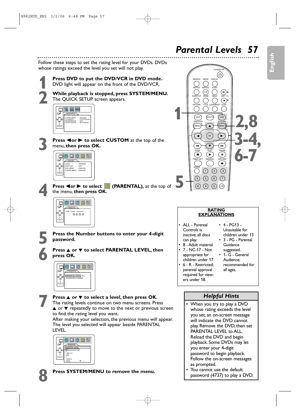 Parental levels 57, English, Helpful hints | Philips H982NUD User Manual | Page 57 / 66