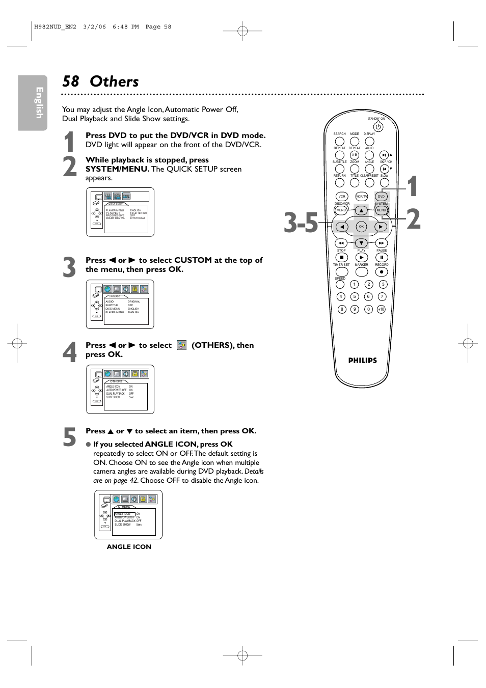 58 others, English, Press s or b to select (others), then press ok | Philips H982NUD User Manual | Page 58 / 66