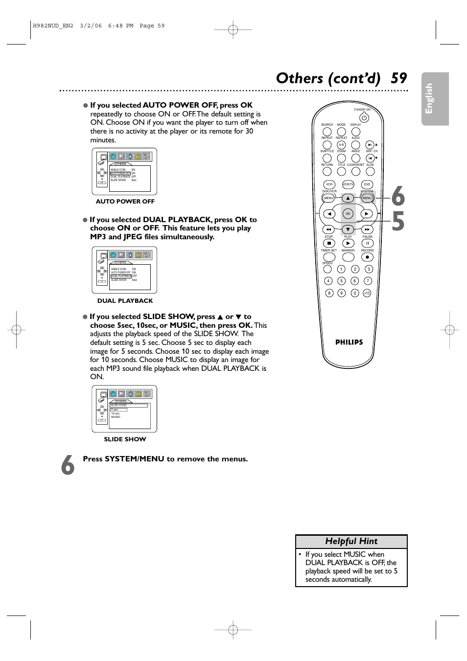 Others (cont’d) 59, English, Helpful hint | Philips H982NUD User Manual | Page 59 / 66