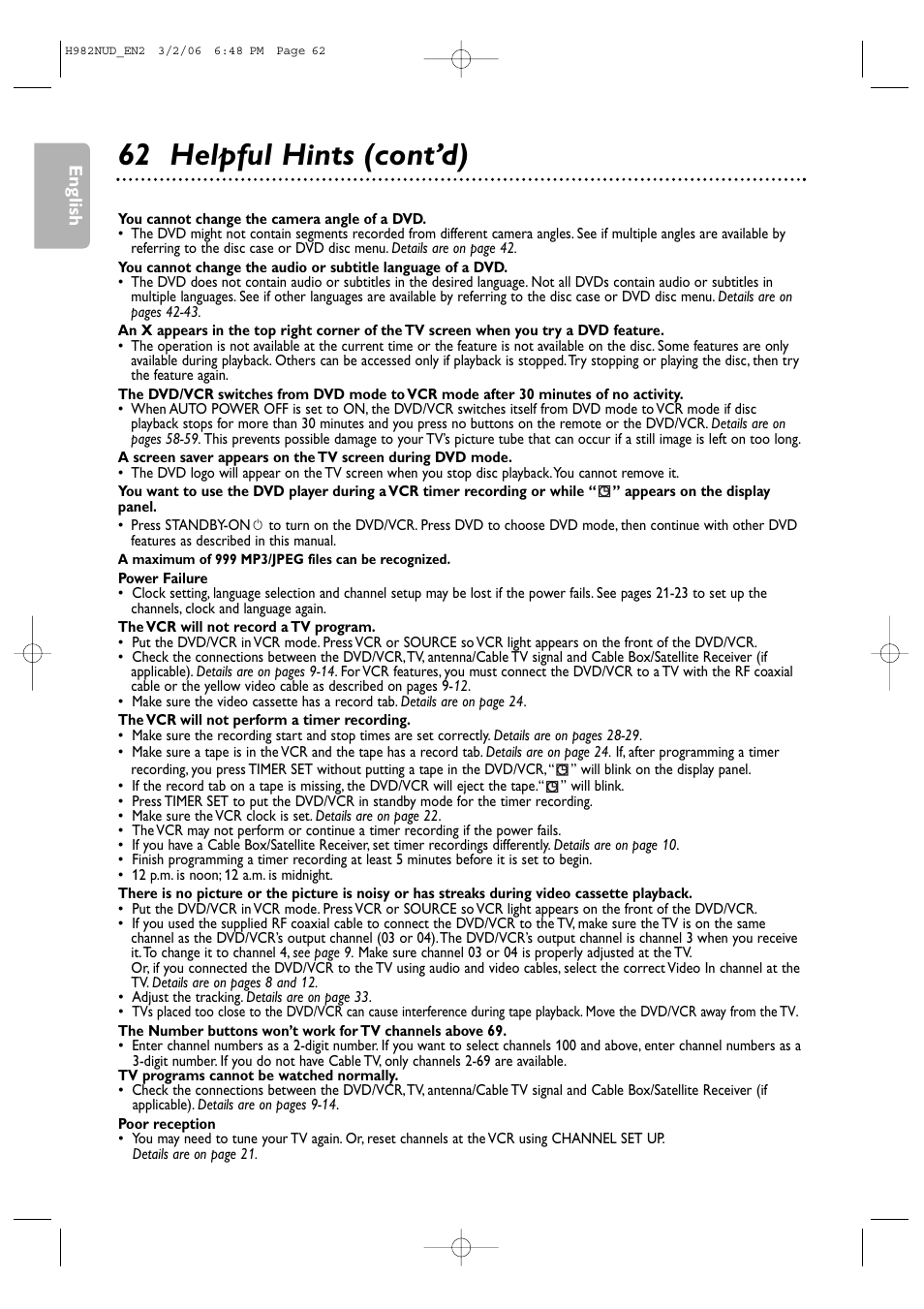 62 helpful hints (cont’d) | Philips H982NUD User Manual | Page 62 / 66
