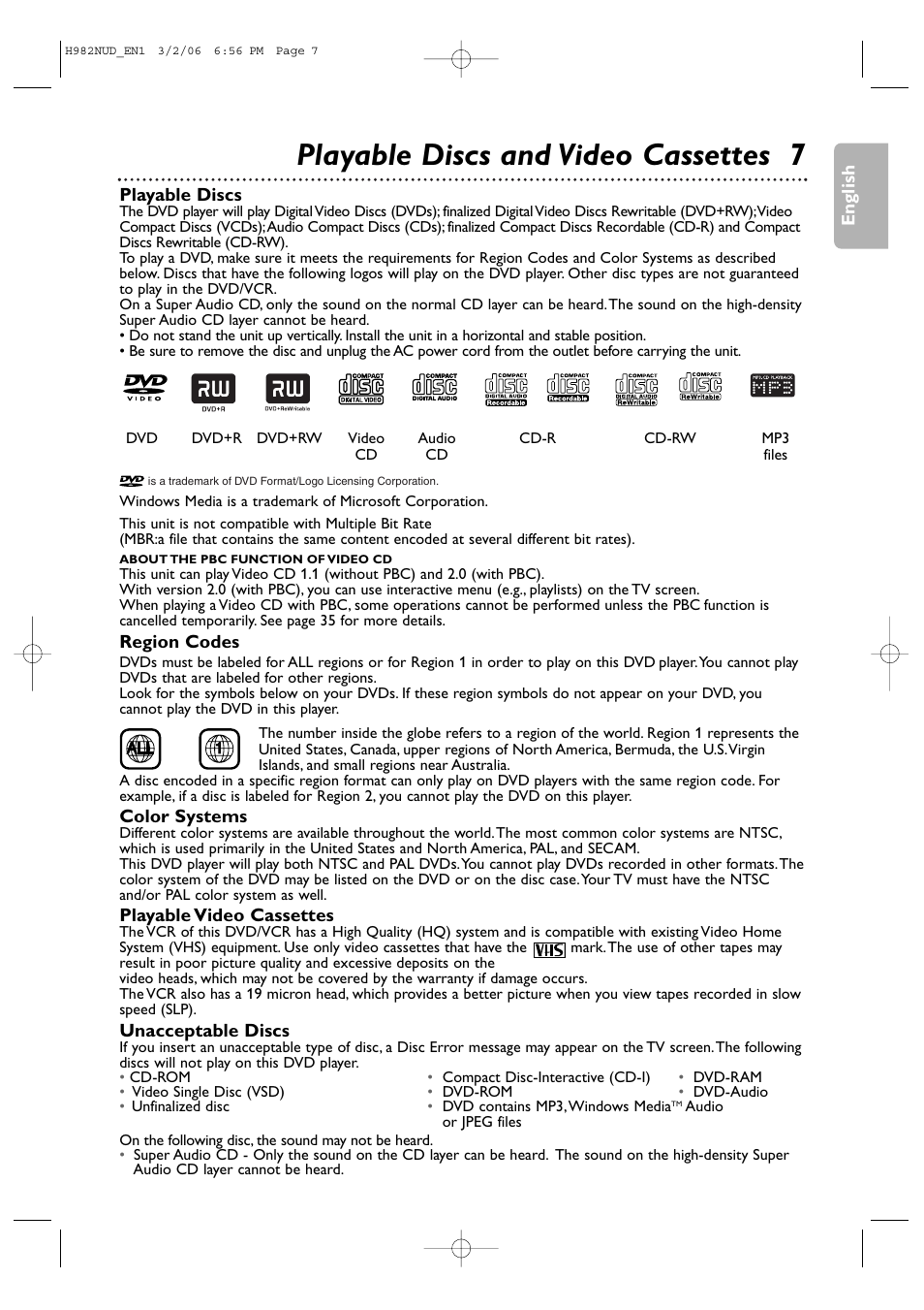 Playable discs and video cassettes 7 | Philips H982NUD User Manual | Page 7 / 66