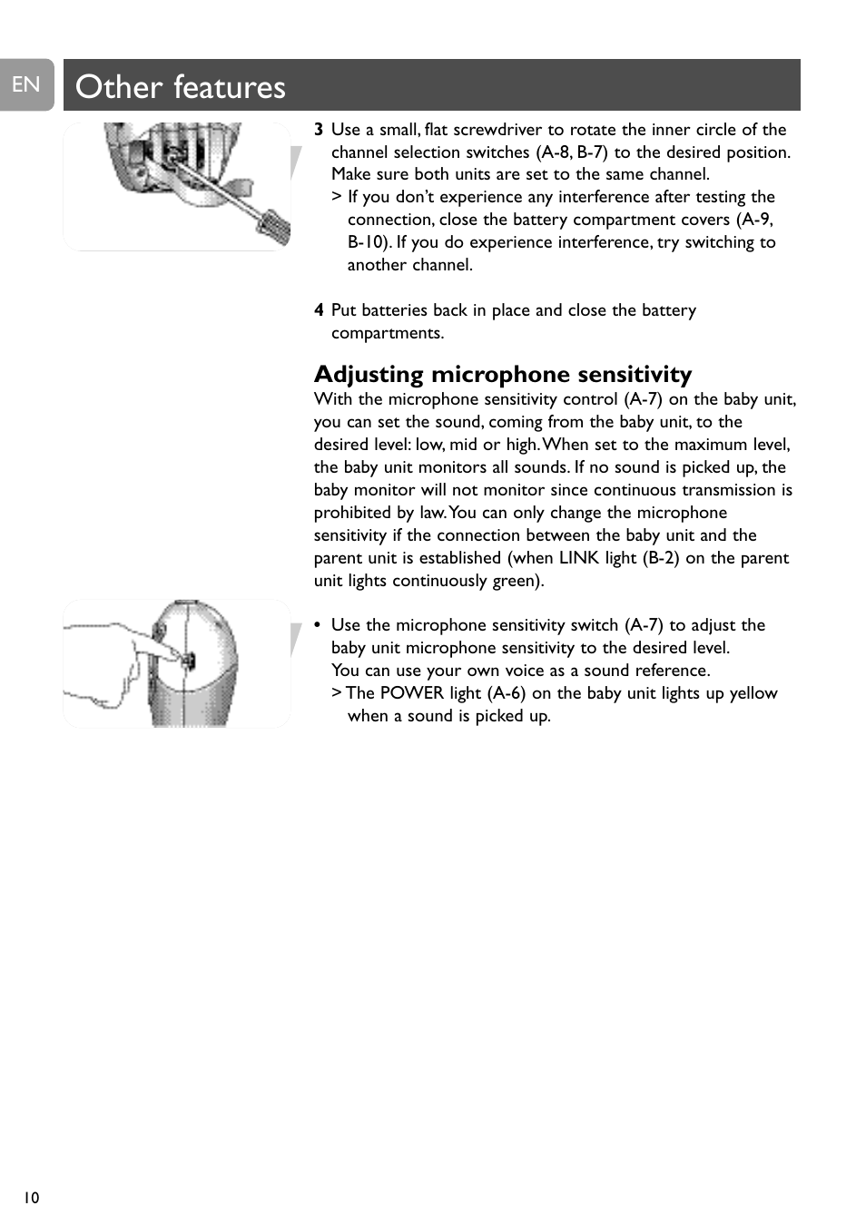 Other features, Adjusting microphone sensitivity | Philips SBC SC463 User Manual | Page 10 / 160