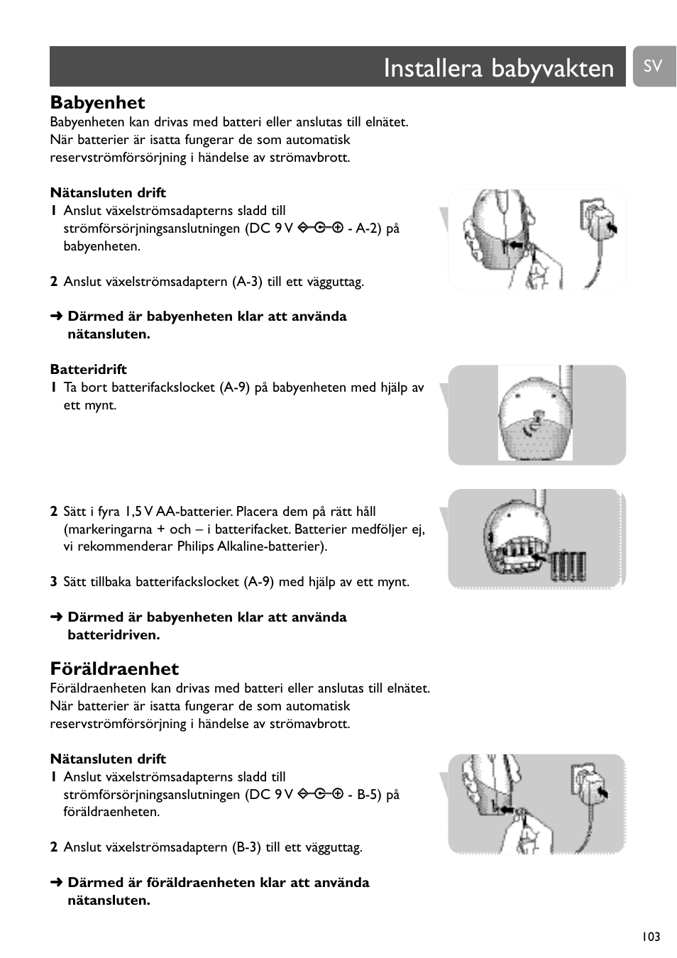 Installera babyvakten, Babyenhet, Föräldraenhet | Philips SBC SC463 User Manual | Page 103 / 160