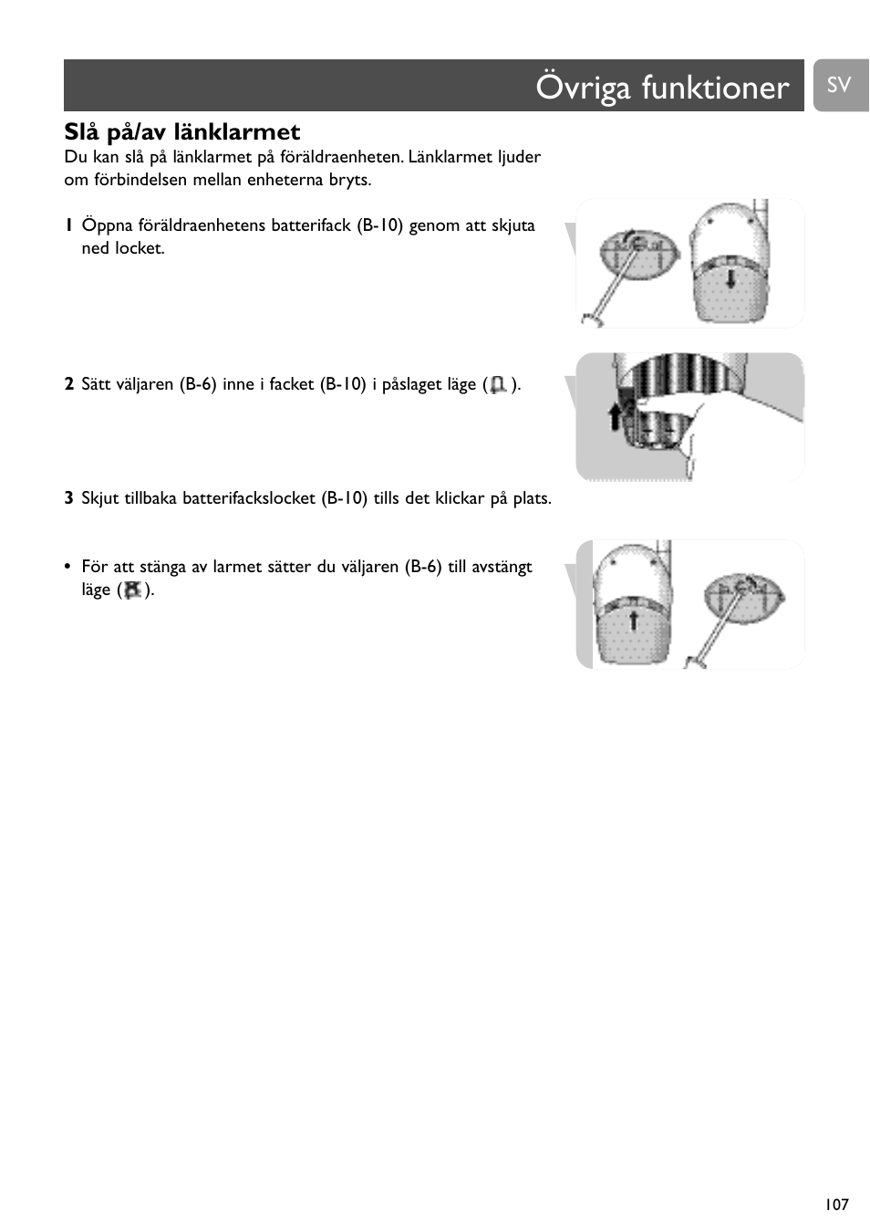 Övriga funktioner, Slå på/av länklarmet | Philips SBC SC463 User Manual | Page 107 / 160