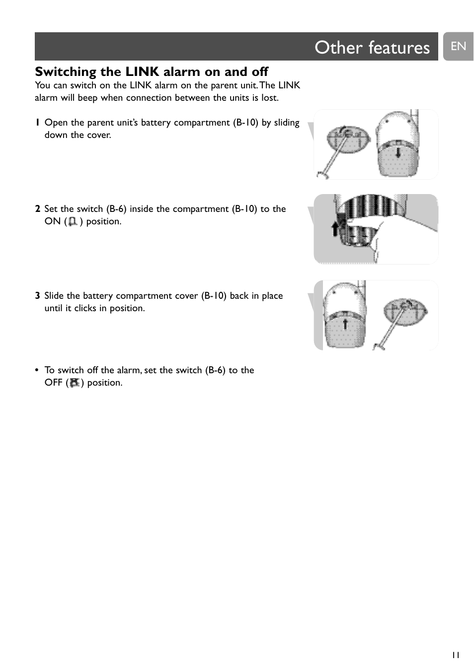Other features, Switching the link alarm on and off | Philips SBC SC463 User Manual | Page 11 / 160