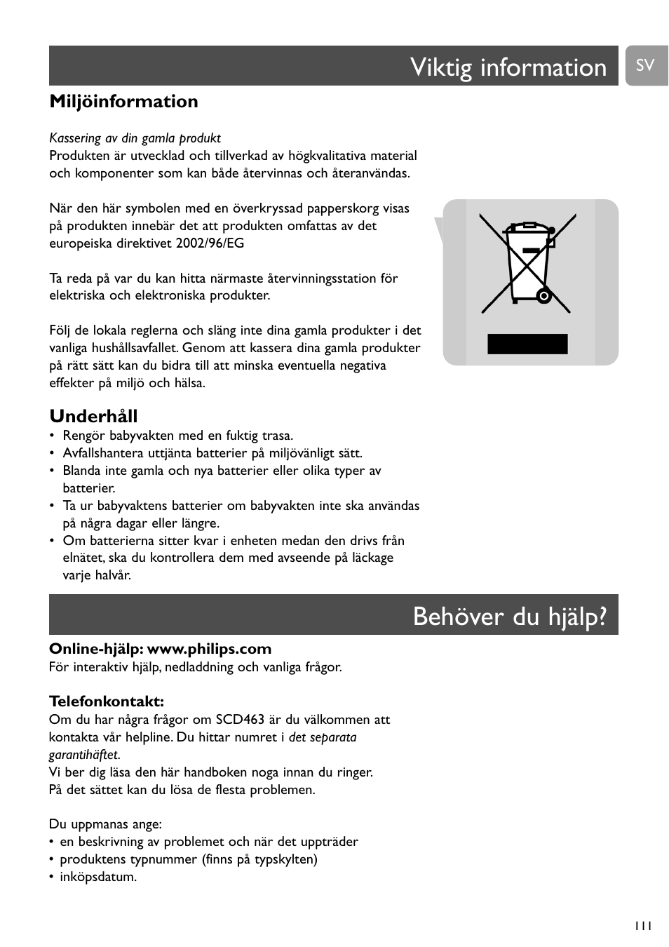 Viktig information, Behöver du hjälp, Miljöinformation | Underhåll | Philips SBC SC463 User Manual | Page 111 / 160