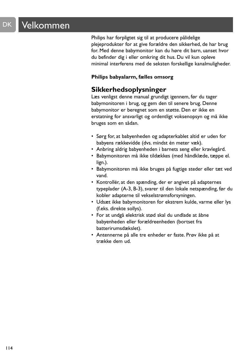 Velkommen, Sikkerhedsoplysninger | Philips SBC SC463 User Manual | Page 114 / 160