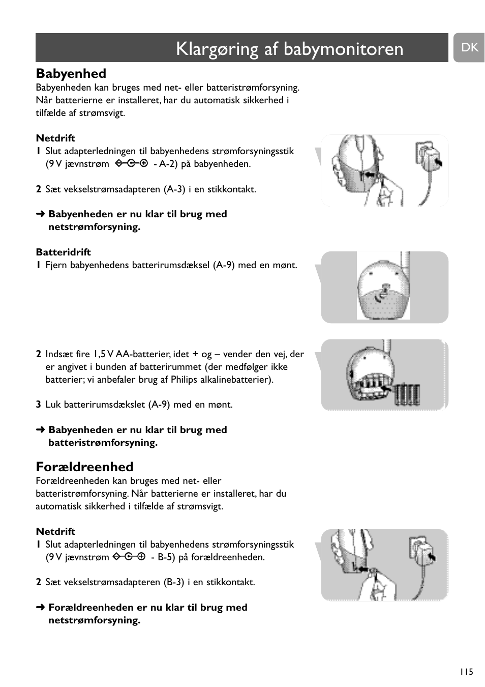 Klargøring af babymonitoren, Babyenhed, Forældreenhed | Philips SBC SC463 User Manual | Page 115 / 160