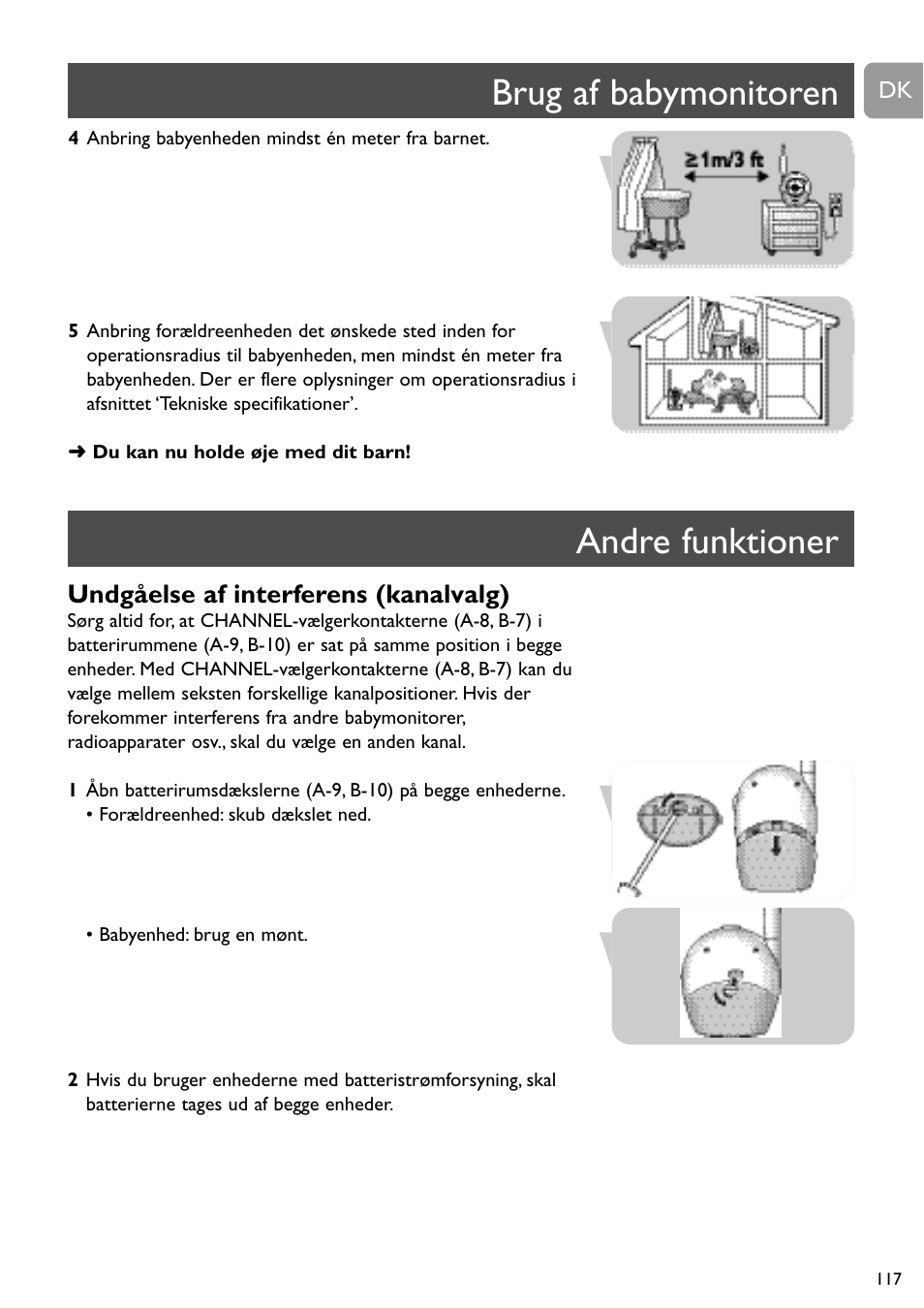 Brug af babymonitoren andre funktioner, Undgåelse af interferens (kanalvalg) | Philips SBC SC463 User Manual | Page 117 / 160