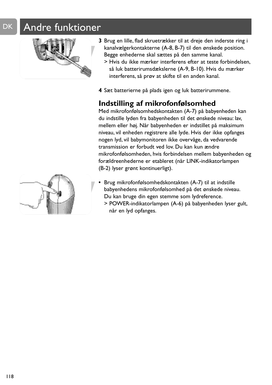 Andre funktioner, Indstilling af mikrofonfølsomhed | Philips SBC SC463 User Manual | Page 118 / 160