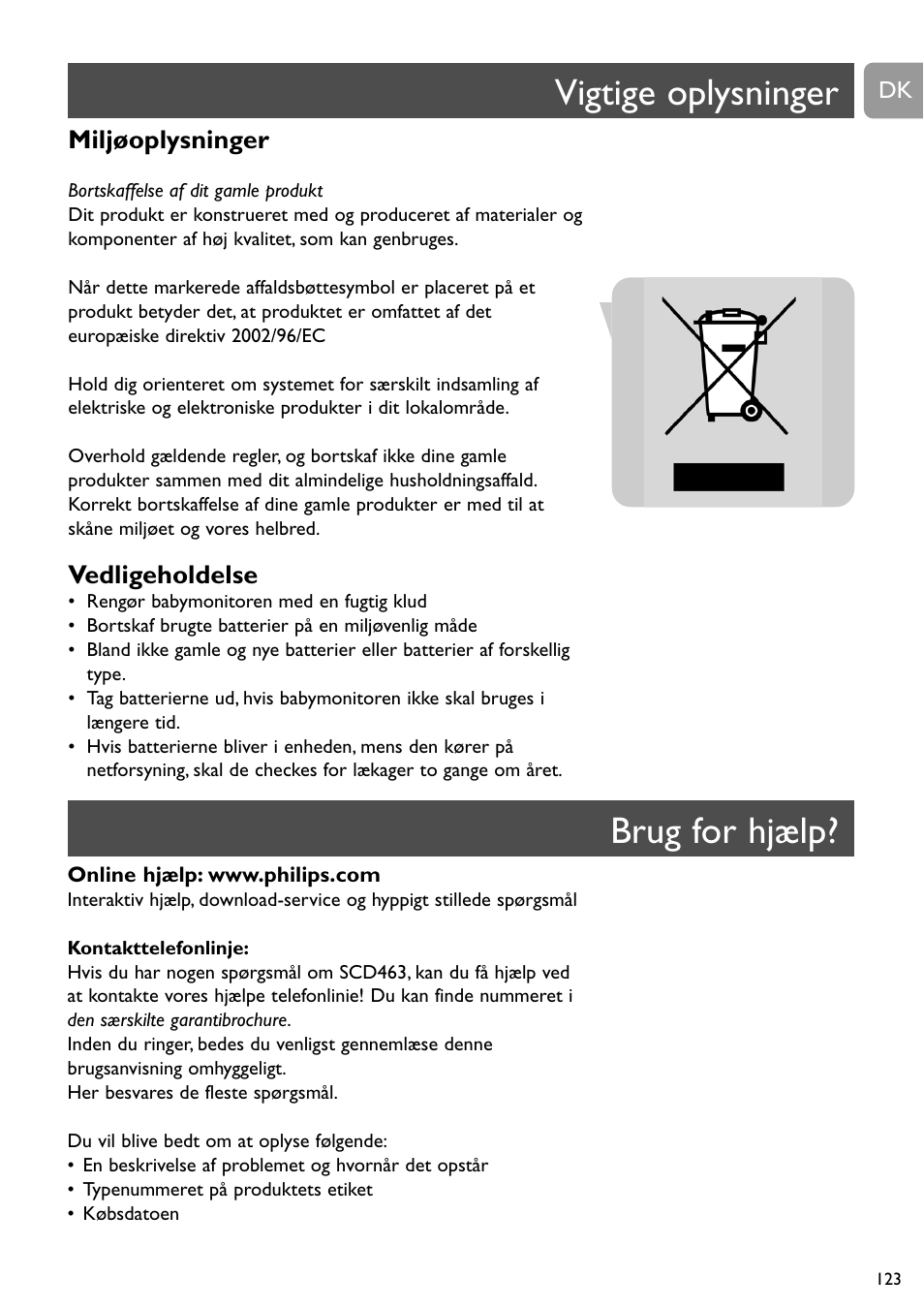 Vigtige oplysninger, Brug for hjælp, Miljøoplysninger | Vedligeholdelse | Philips SBC SC463 User Manual | Page 123 / 160