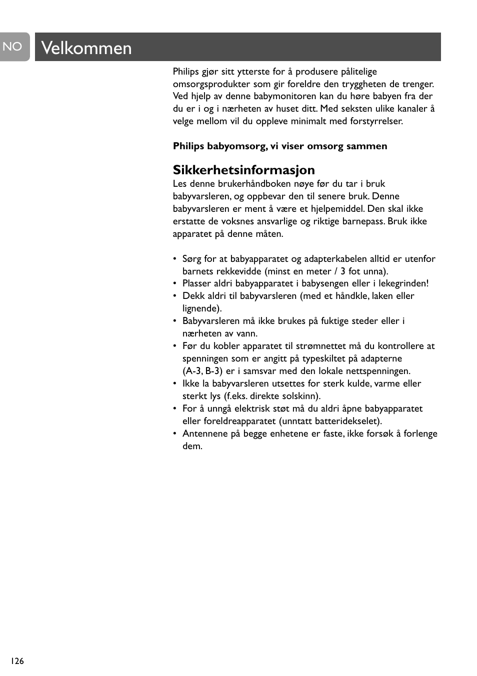 Velkommen, Sikkerhetsinformasjon | Philips SBC SC463 User Manual | Page 126 / 160