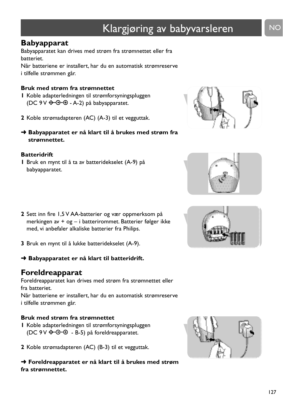 Klargjøring av babyvarsleren, Babyapparat, Foreldreapparat | Philips SBC SC463 User Manual | Page 127 / 160