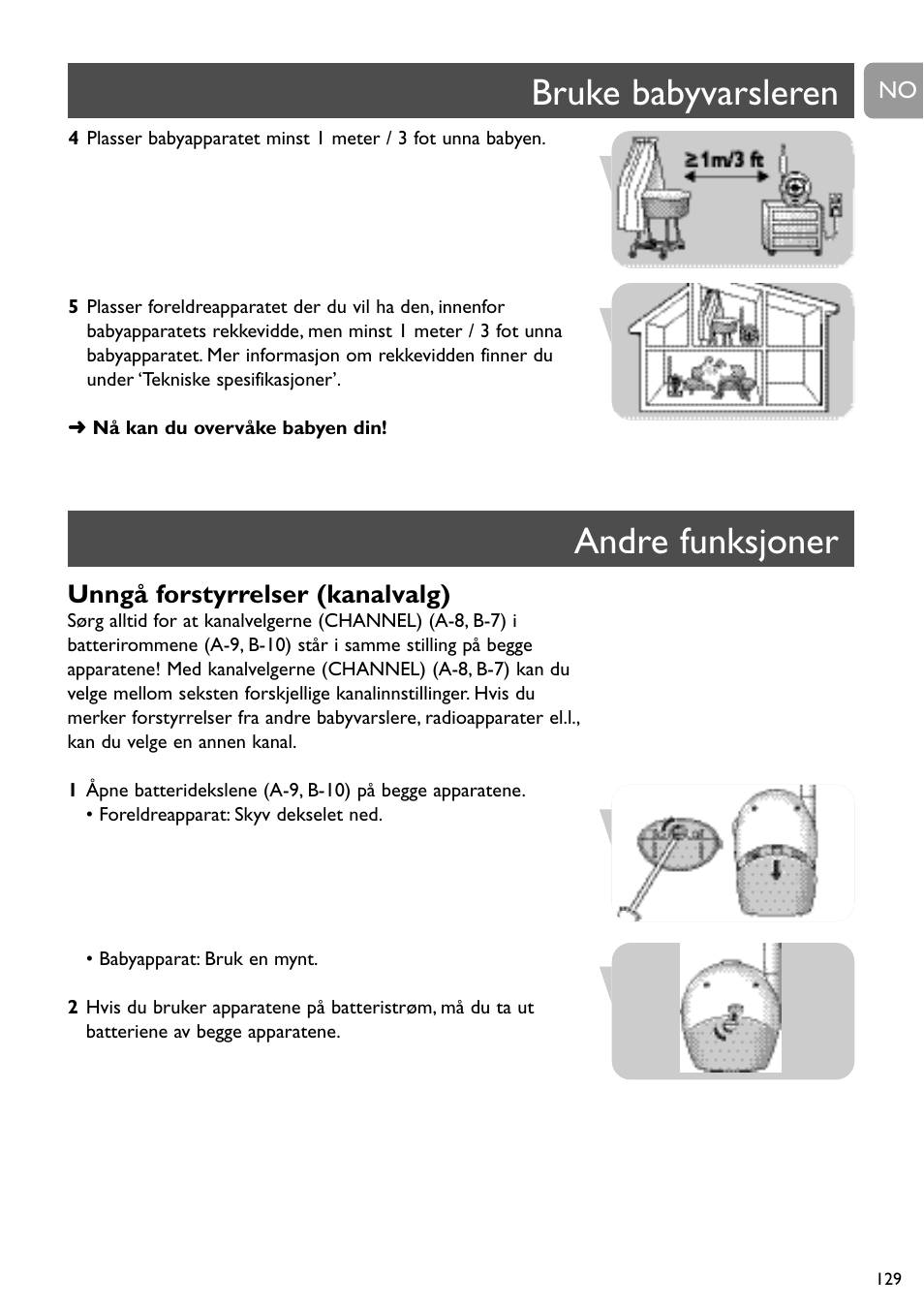 Bruke babyvarsleren andre funksjoner, Unngå forstyrrelser (kanalvalg) | Philips SBC SC463 User Manual | Page 129 / 160