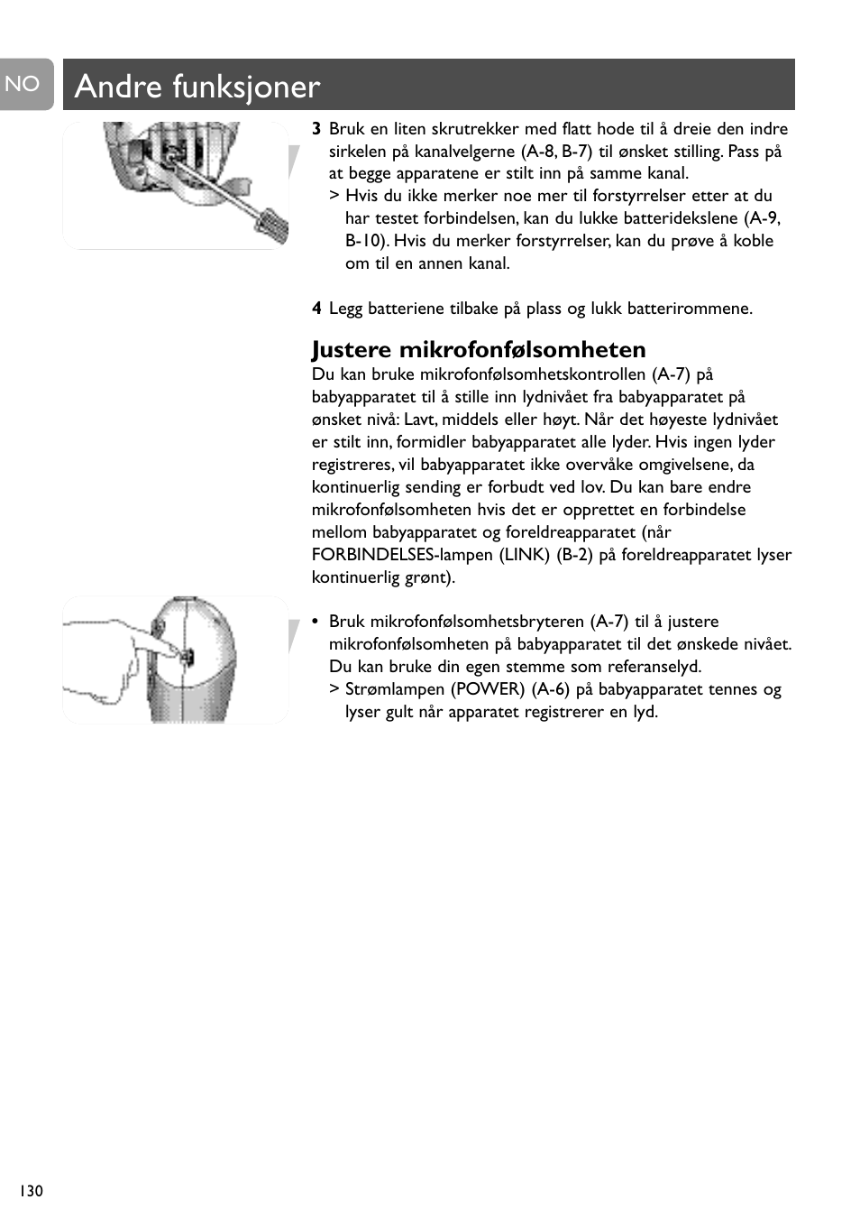 Andre funksjoner, Justere mikrofonfølsomheten | Philips SBC SC463 User Manual | Page 130 / 160