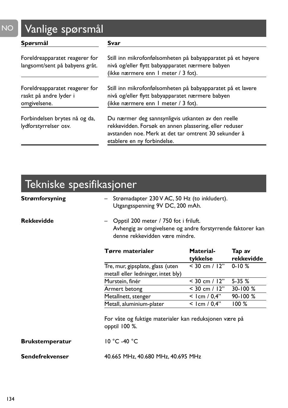 Tekniske spesifikasjoner, Vanlige spørsmål | Philips SBC SC463 User Manual | Page 134 / 160