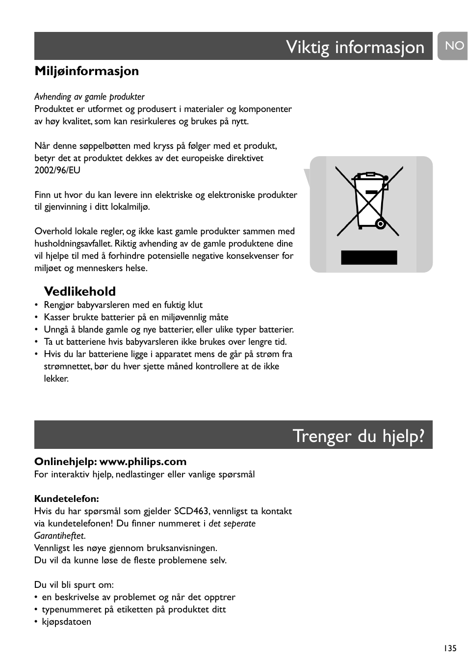 Viktig informasjon, Trenger du hjelp, Miljøinformasjon | Vedlikehold | Philips SBC SC463 User Manual | Page 135 / 160
