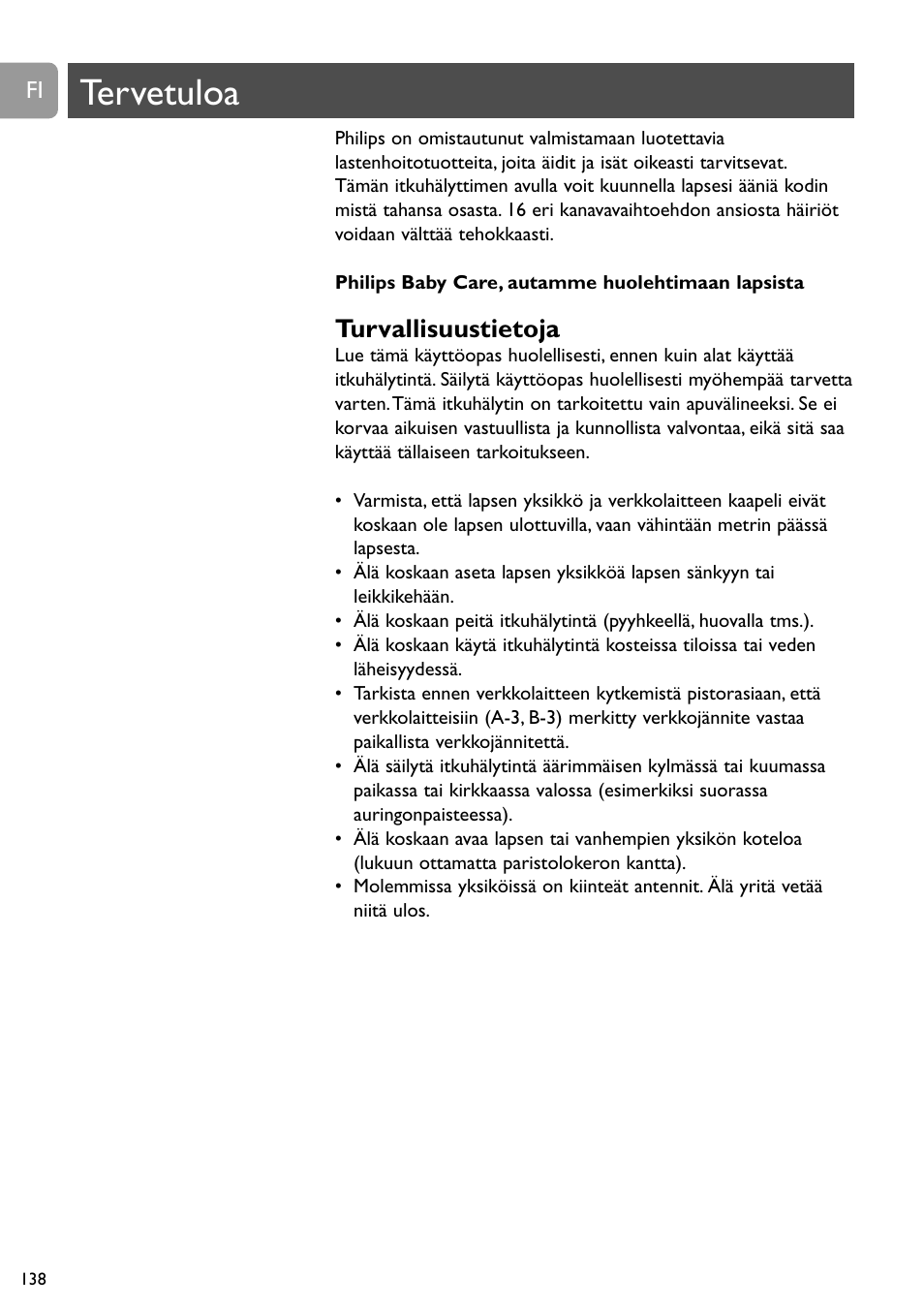 Tervetuloa, Turvallisuustietoja | Philips SBC SC463 User Manual | Page 138 / 160